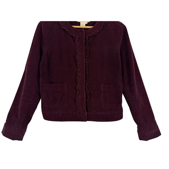 Sandro Paris Corduroy Ruffle Jacket Burgundy Snap Front 100% Cotton Sz S - Picture 4 of 8